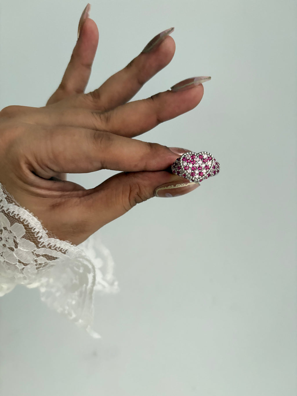 Zircon cluster silver heart ring