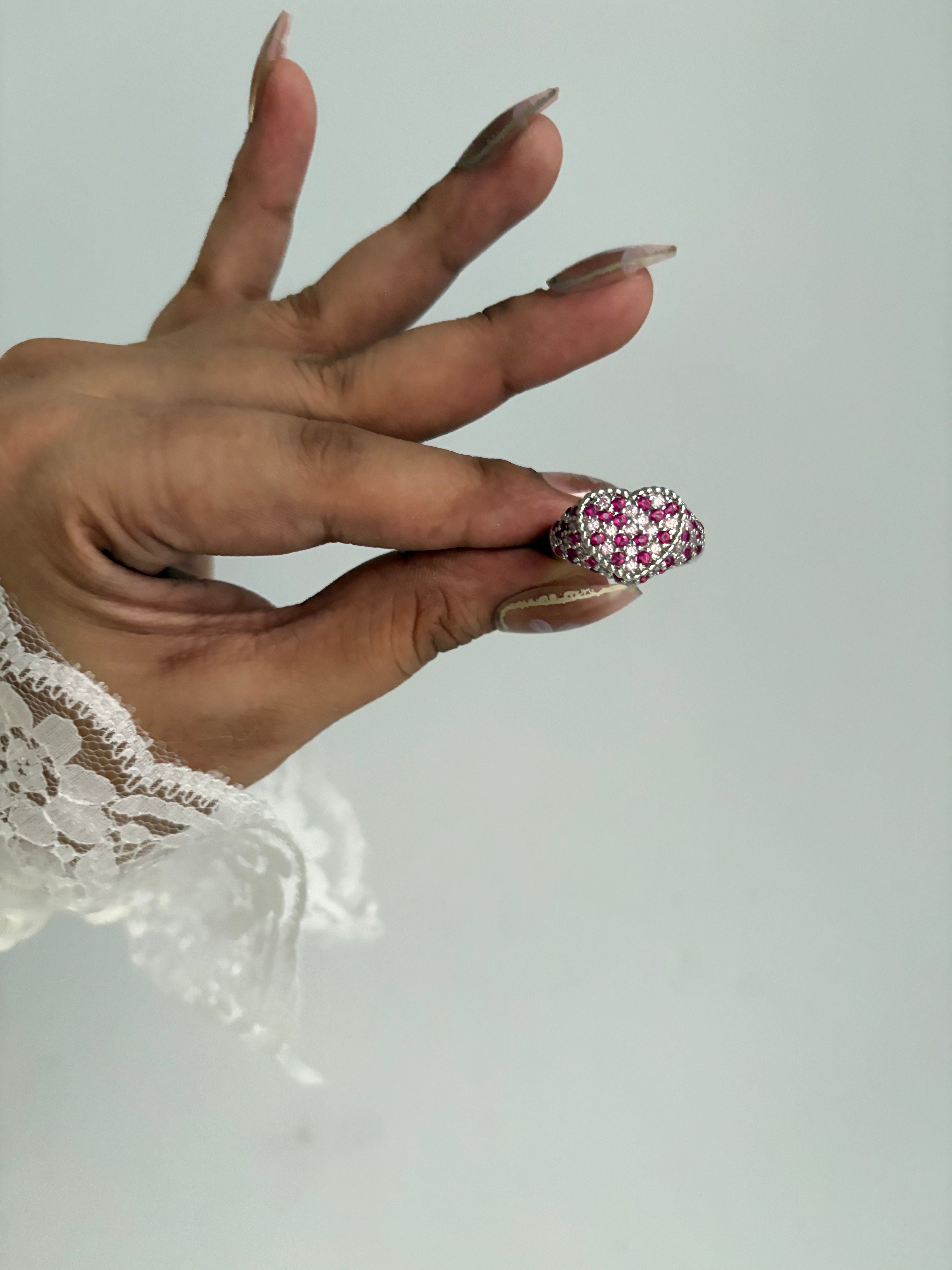 Zircon cluster silver heart ring
